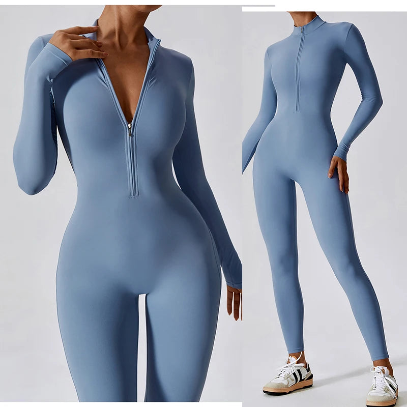 Aiithuug Yoga Bodysuits Zipper Gym Workout Body Suits Fitness Yoga Suit Quick Dry Long Sleeve Full Suits Sports Jogging Jumpsuit