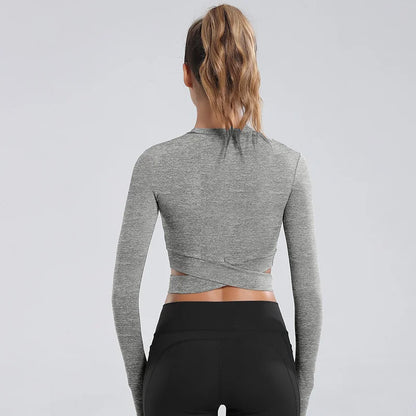 Aiithuug Miidriff Long Sleeve Yoga Tops Sports Fitness Crop Top Gym Shirts Slim Fit Running Tank Tops Criss Cross Waist Cross