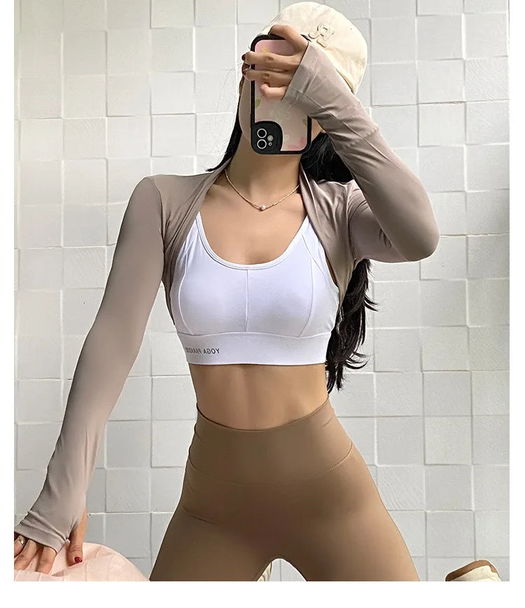 Aiithuug Yoga Shawl with Thumbholes Women's Short Hem Cropped Sweatshirt Long Sleeve Open Front Bolero Shrug Gym Pilates Casual