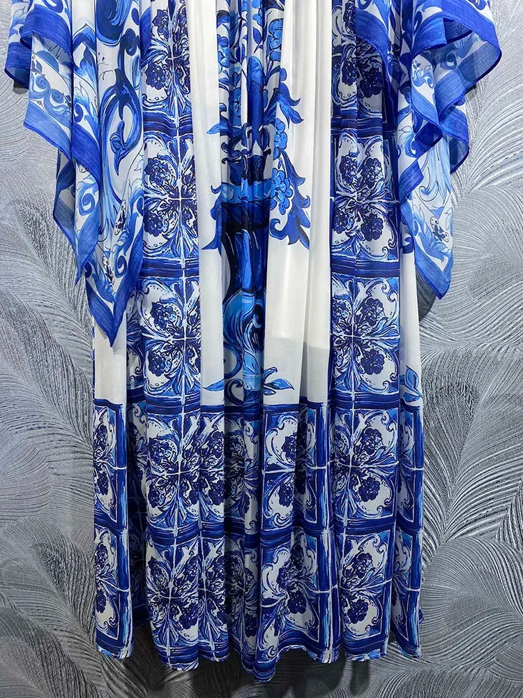 Blue and White Porcelain-Inspired Maxi Dress