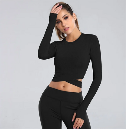 Aiithuug Miidriff Long Sleeve Yoga Tops Sports Fitness Crop Top Gym Shirts Slim Fit Running Tank Tops Criss Cross Waist Cross