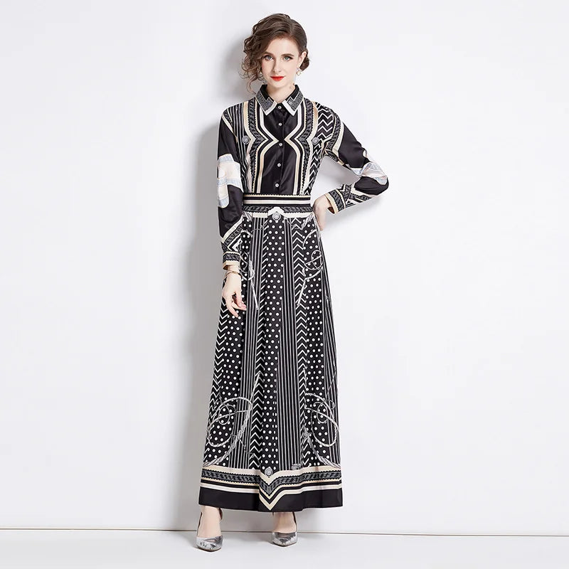 New 2024 Spring Autumn Fashion Chain Print Maxi Dress Women Shirt Collar Long Sleeve Single Breasted High Waist Robe Vestidos