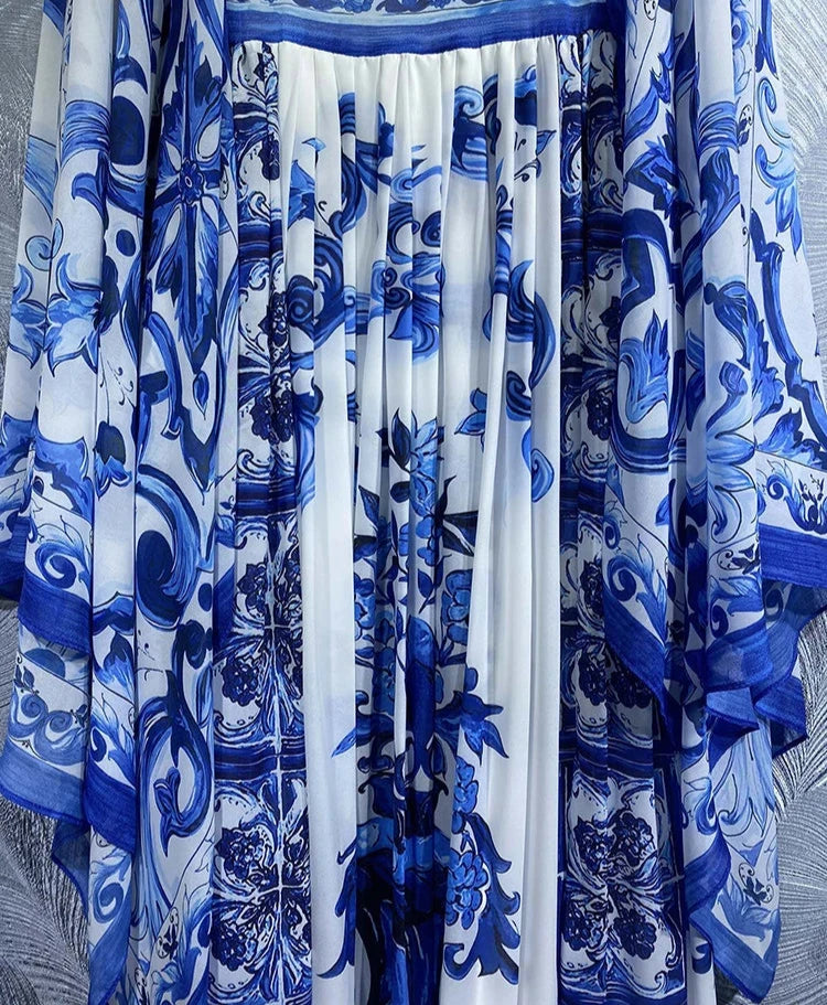 Blue and White Porcelain-Inspired Maxi Dress