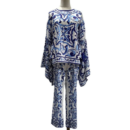 Blue Porcelain Batwing Printed Two Piece Set