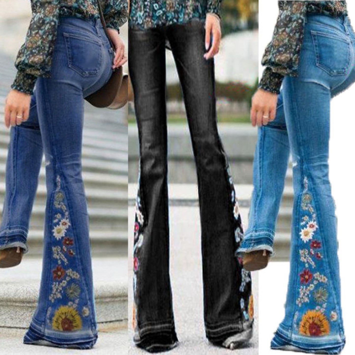 Flared Embroidered Denim Wide Leg Pants