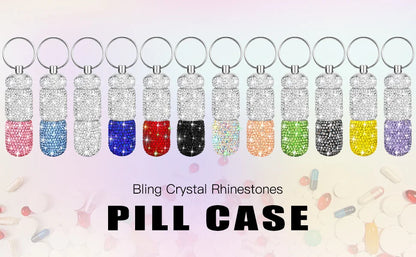 Bling Pill Case Travel Rhinestone Waterproof Fashion Pill Holder with Keychain Luxury Cute Storage Box for Outdoor Camping Case