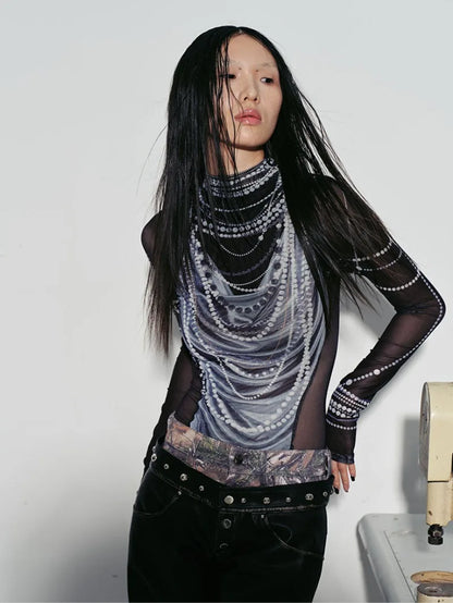 Luminous Pearl Graphic Gauze Fashion Top