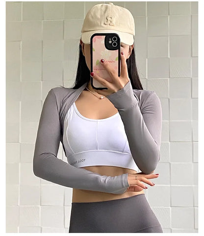 Aiithuug Yoga Shawl with Thumbholes Women's Short Hem Cropped Sweatshirt Long Sleeve Open Front Bolero Shrug Gym Pilates Casual