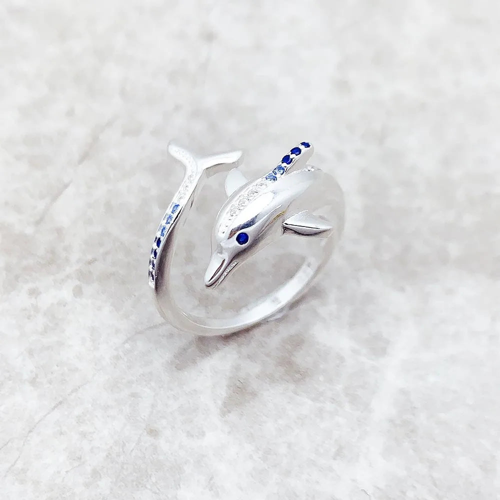 Dolphin Ring With Blue Stones 925 Strerling Silver