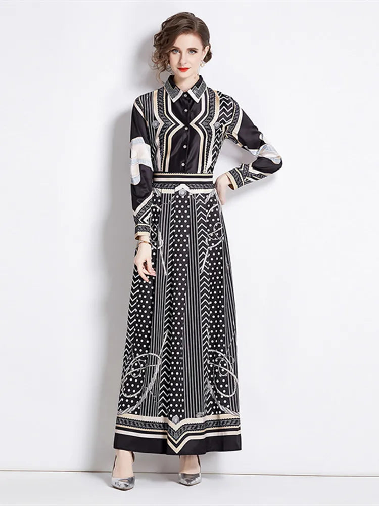 New 2024 Spring Autumn Fashion Chain Print Maxi Dress Women Shirt Collar Long Sleeve Single Breasted High Waist Robe Vestidos