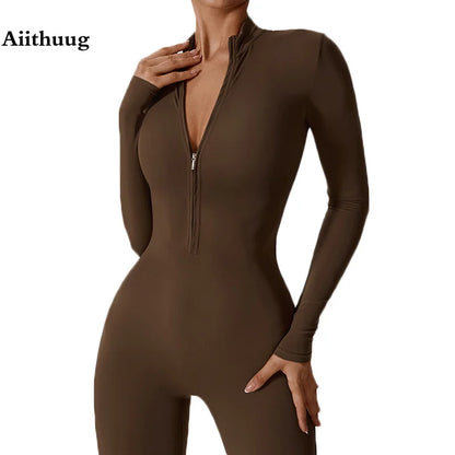 Aiithuug Yoga Bodysuits Zipper Gym Workout Body Suits Fitness Yoga Suit Quick Dry Long Sleeve Full Suits Sports Jogging Jumpsuit