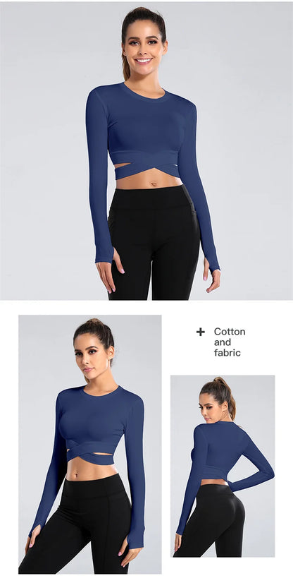 Aiithuug Miidriff Long Sleeve Yoga Tops Sports Fitness Crop Top Gym Shirts Slim Fit Running Tank Tops Criss Cross Waist Cross