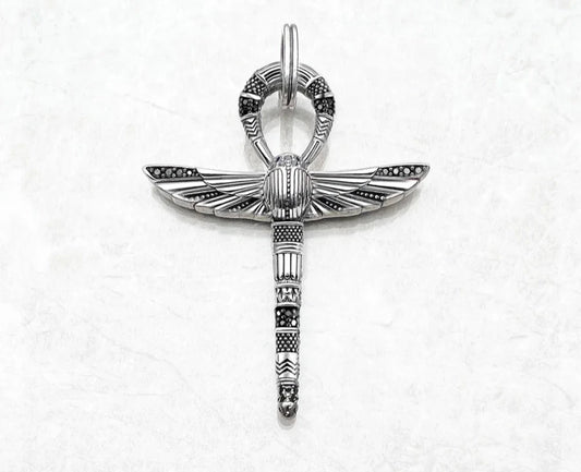 Large Scarab Ankh Cross Pendant 925 Sterling Silver