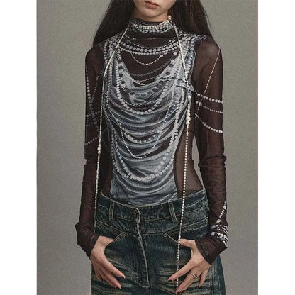 Luminous Pearl Graphic Gauze Fashion Top