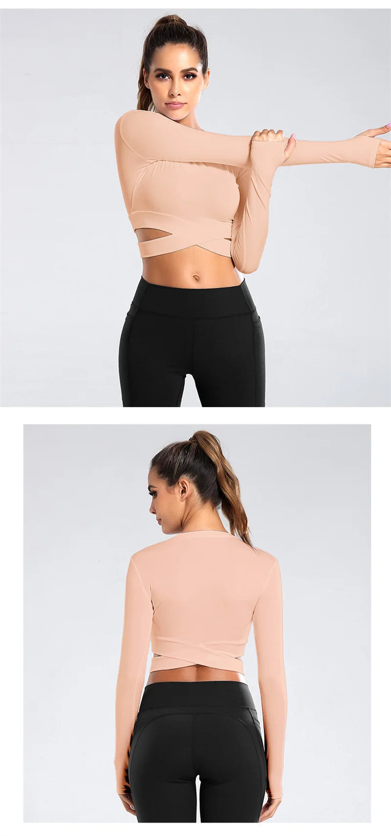 Aiithuug Miidriff Long Sleeve Yoga Tops Sports Fitness Crop Top Gym Shirts Slim Fit Running Tank Tops Criss Cross Waist Cross