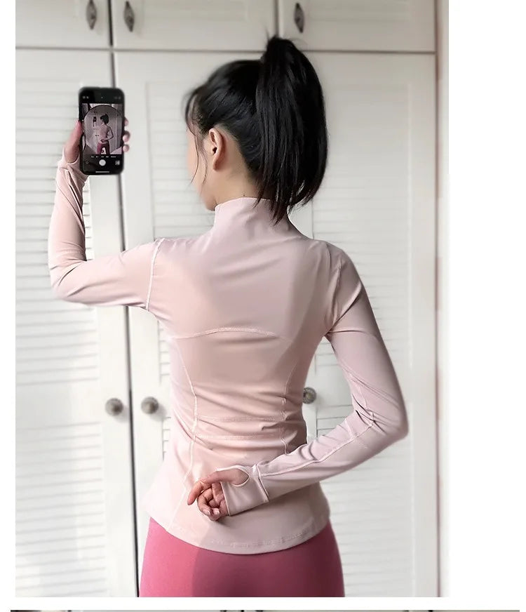 Aiithuug Side Pockets Thumbholes Yoga Jackets Women's Stand-up Collar Slimming Fit Coat Breathable Pilates Fitness Workout Tops