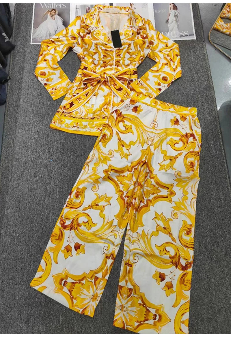 New spring and summer geometric printing lapel long-sleeved shirt+elastic waist wide-leg trousers casual two-piece women's suit