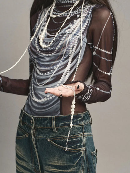 Luminous Pearl Graphic Gauze Fashion Top
