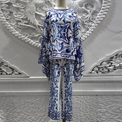 Blue Porcelain Batwing Printed Two Piece Set