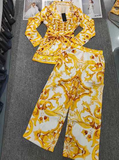 New spring and summer geometric printing lapel long-sleeved shirt+elastic waist wide-leg trousers casual two-piece women's suit