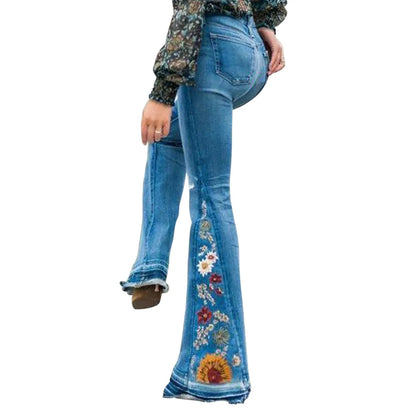 Flared Embroidered Denim Wide Leg Pants