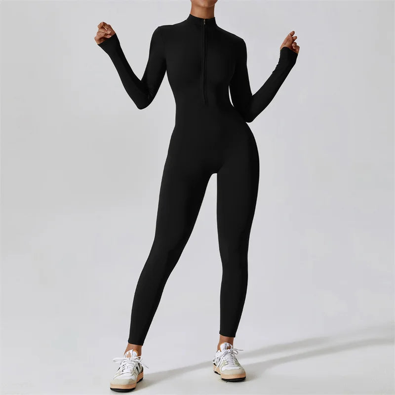 Aiithuug Yoga Bodysuits Zipper Gym Workout Body Suits Fitness Yoga Suit Quick Dry Long Sleeve Full Suits Sports Jogging Jumpsuit