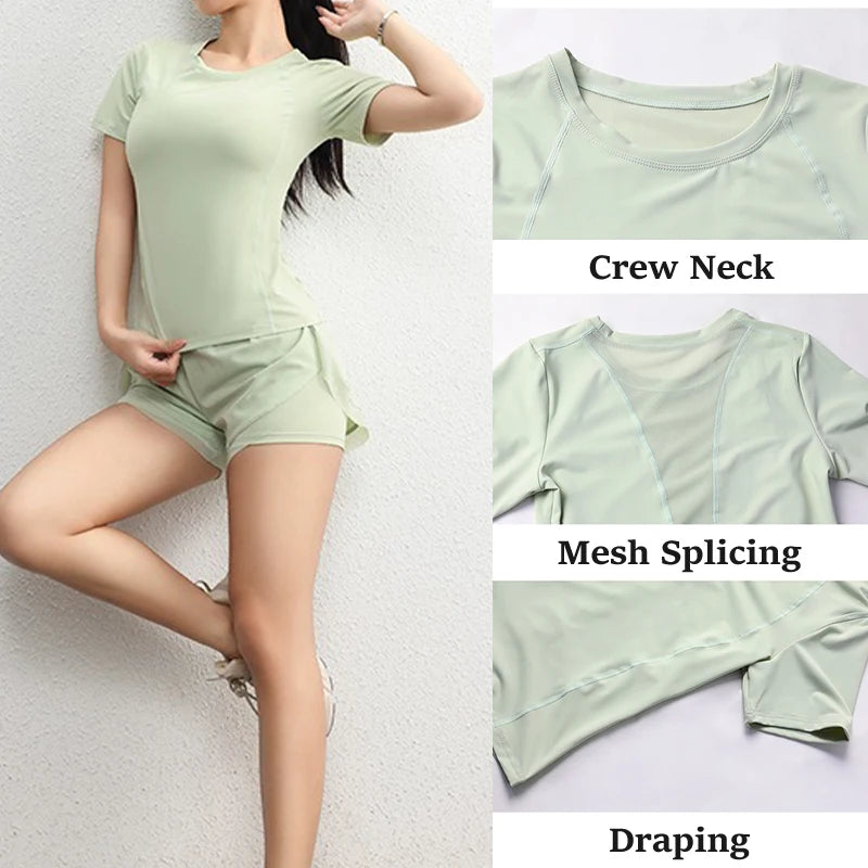 Aiithuug Mesh Splicing Yoga Tops Women's Crew Neck Draping High Elasticity Breathable Fitness Pilates Exercise Shirts Yoga Sets