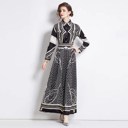 New 2024 Spring Autumn Fashion Chain Print Maxi Dress Women Shirt Collar Long Sleeve Single Breasted High Waist Robe Vestidos