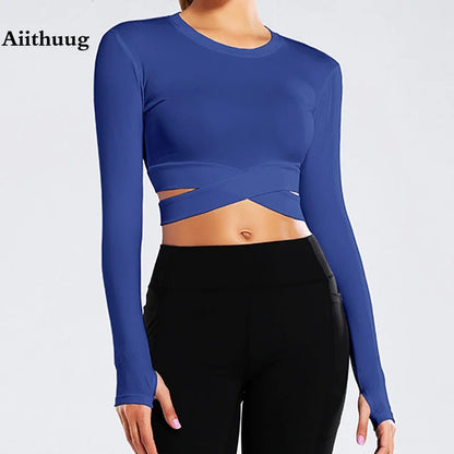 Aiithuug Miidriff Long Sleeve Yoga Tops Sports Fitness Crop Top Gym Shirts Slim Fit Running Tank Tops Criss Cross Waist Cross