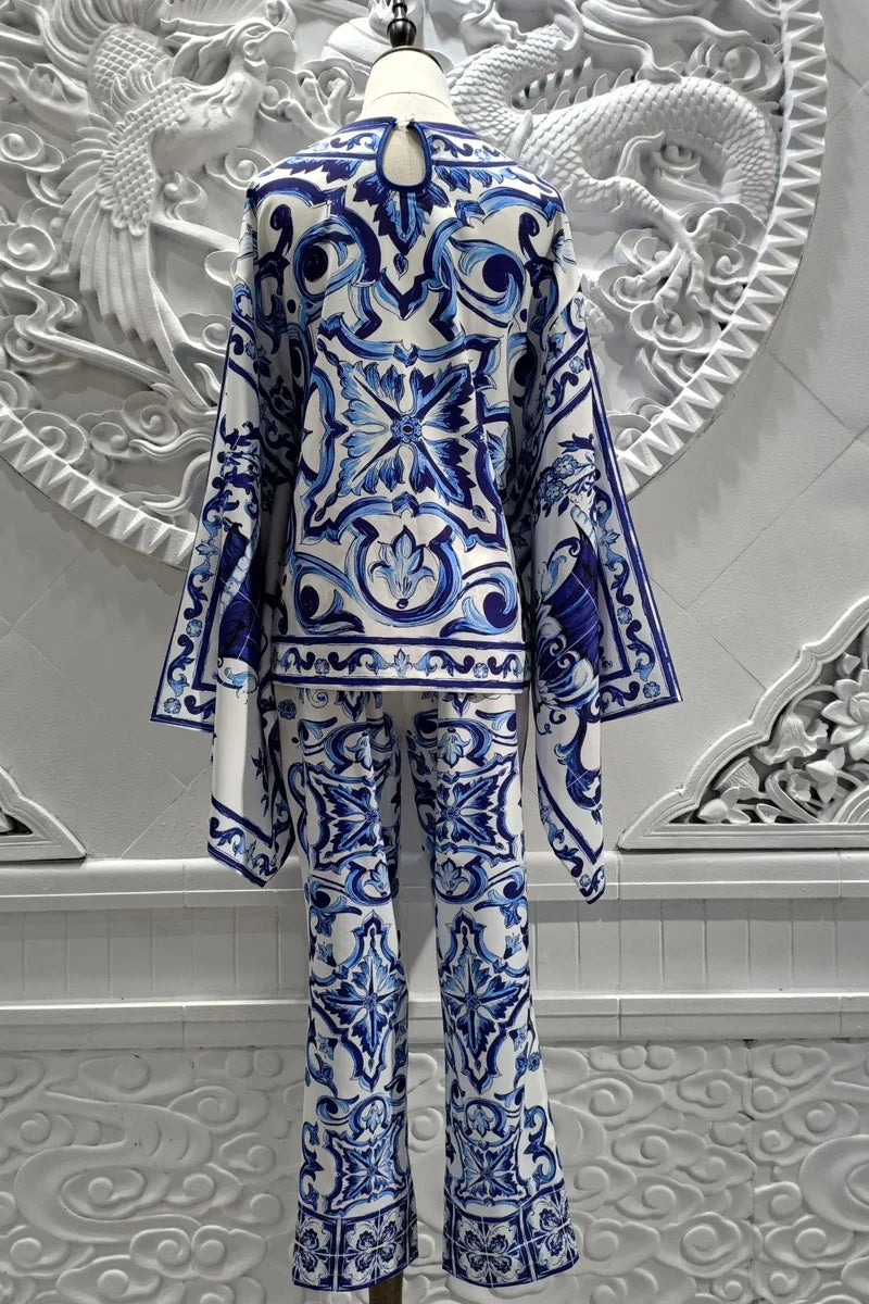 Blue Porcelain Batwing Printed Two Piece Set