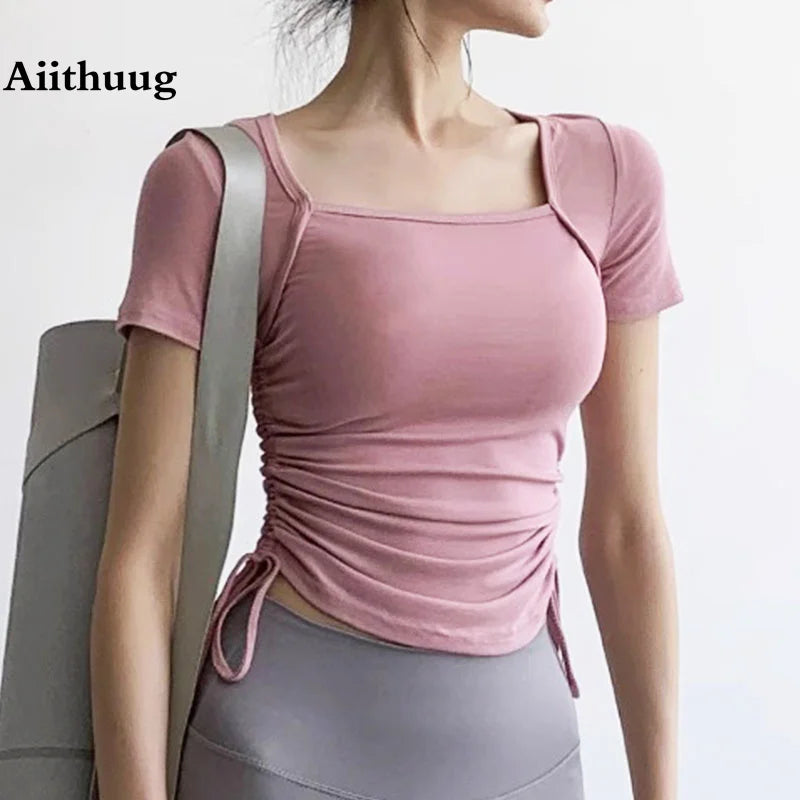 Aiithuug Yoga Shirts Drawstring Yoga Tops Gym Shirt Workout Top Fitness Crops Yoga Crop Top Sports Active Wearing Short Sleeve