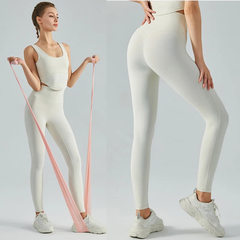 Aiithuug Soft Stretchy Elastic Yoga Leggings Gym Legging Sports Jogging Running Pants Sports Tights Pilates Cream Feel Free