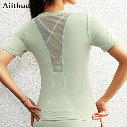 Aiithuug Mesh Splicing Yoga Tops Women's Crew Neck Draping High Elasticity Breathable Fitness Pilates Exercise Shirts Yoga Sets