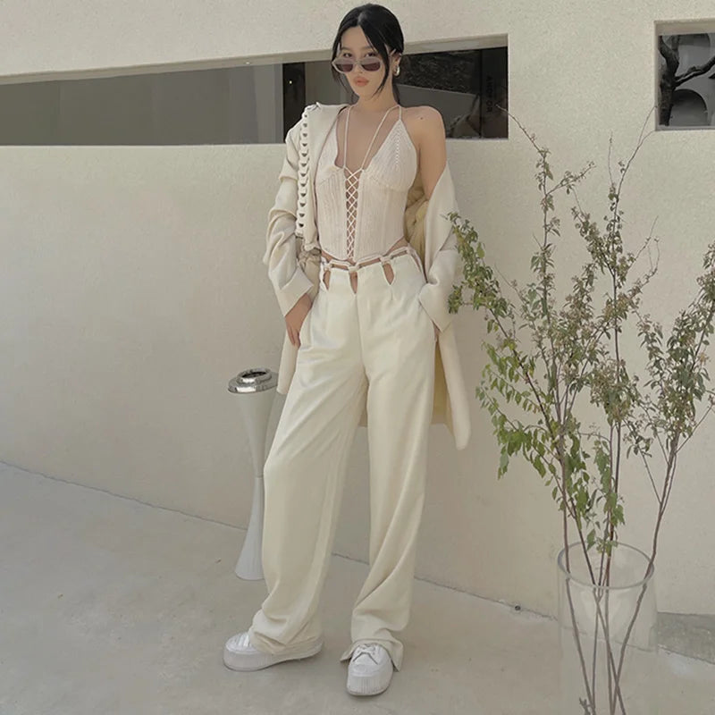 TWOTWINSTYLE Elegant Solid Two Piece Women Notched Long Sleeve Cut Out Top High Waist Wide Leg Pants Loose Women's Suits Stylish