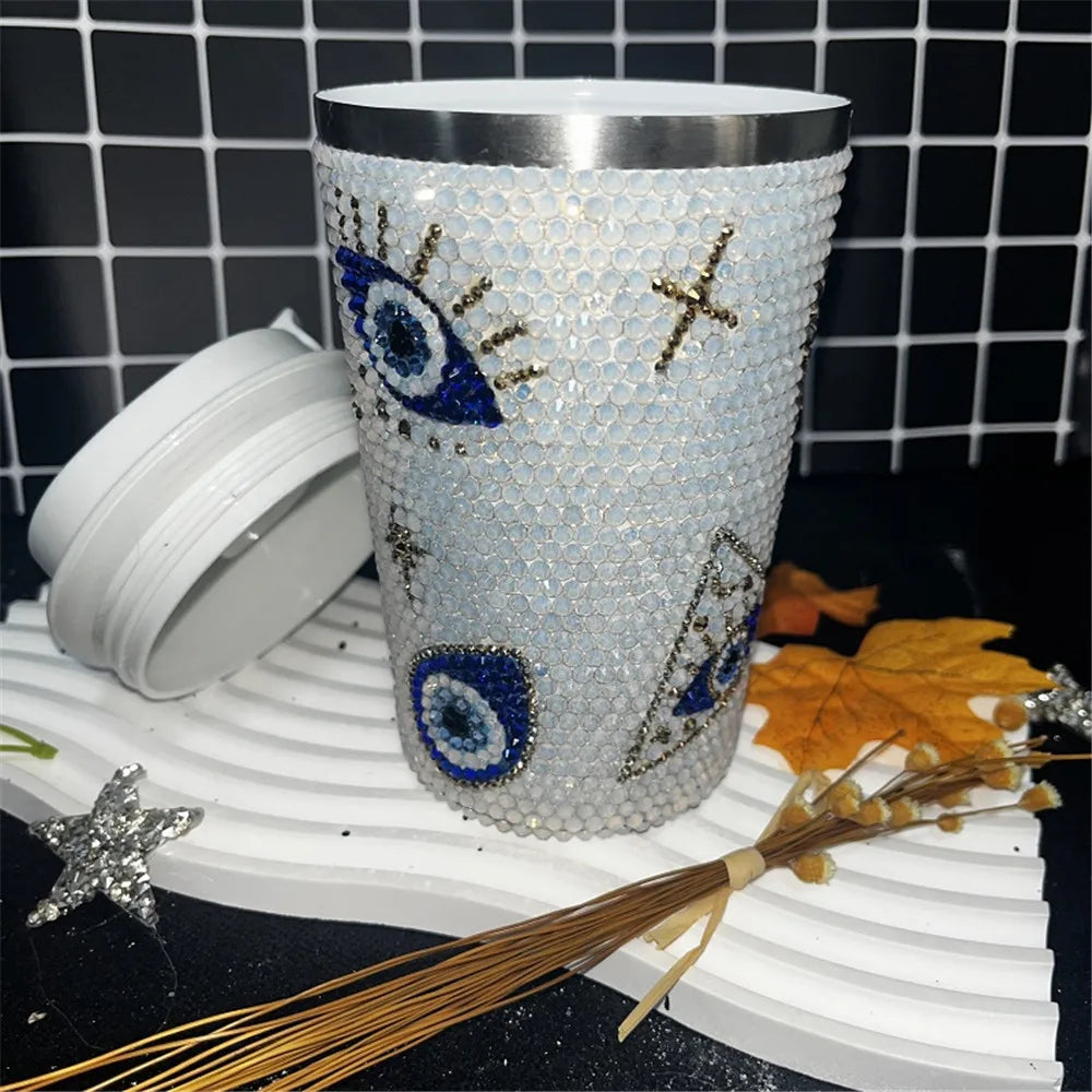 380ML White Opal Evil Eyes Sparkle DIY Handmade Rhinestone Coffee Car Mug Photo Props