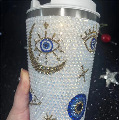 380ML White Opal Evil Eyes Sparkle DIY Handmade Rhinestone Coffee Car Mug Photo Props