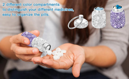 Bling Pill Case Travel Rhinestone Waterproof Fashion Pill Holder with Keychain Luxury Cute Storage Box for Outdoor Camping Case