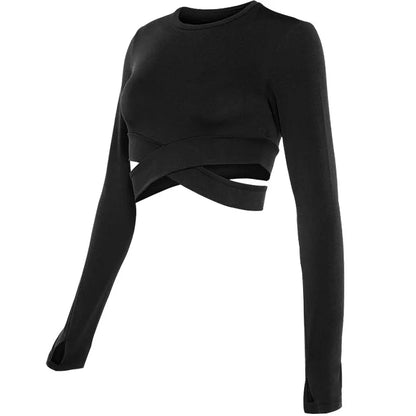 Aiithuug Miidriff Long Sleeve Yoga Tops Sports Fitness Crop Top Gym Shirts Slim Fit Running Tank Tops Criss Cross Waist Cross