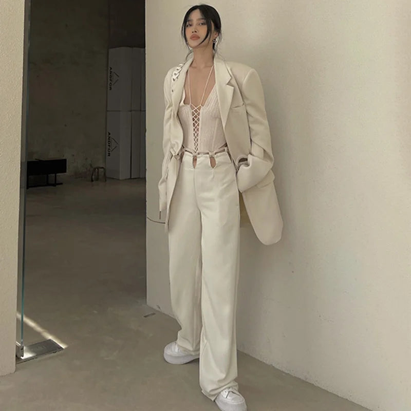 TWOTWINSTYLE Elegant Solid Two Piece Women Notched Long Sleeve Cut Out Top High Waist Wide Leg Pants Loose Women's Suits Stylish