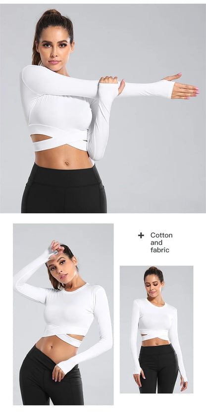 Aiithuug Miidriff Long Sleeve Yoga Tops Sports Fitness Crop Top Gym Shirts Slim Fit Running Tank Tops Criss Cross Waist Cross