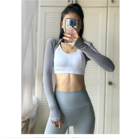 Aiithuug Yoga Shawl with Thumbholes Women's Short Hem Cropped Sweatshirt Long Sleeve Open Front Bolero Shrug Gym Pilates Casual