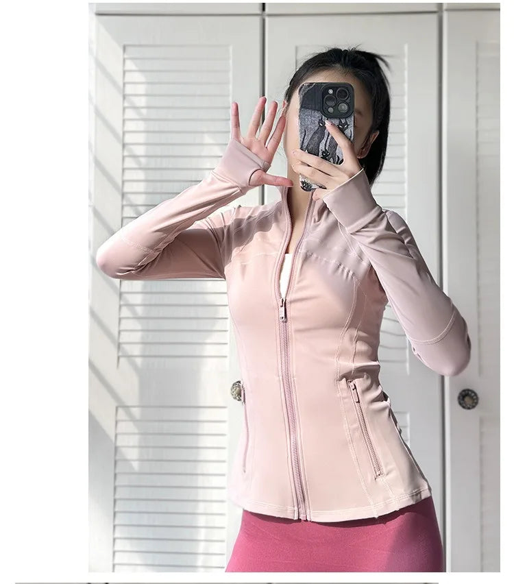 Aiithuug Side Pockets Thumbholes Yoga Jackets Women's Stand-up Collar Slimming Fit Coat Breathable Pilates Fitness Workout Tops