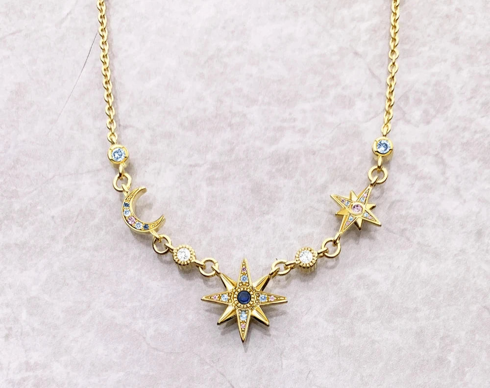 Royalty Star & Moon Gold 925 Stering Silver Necklace