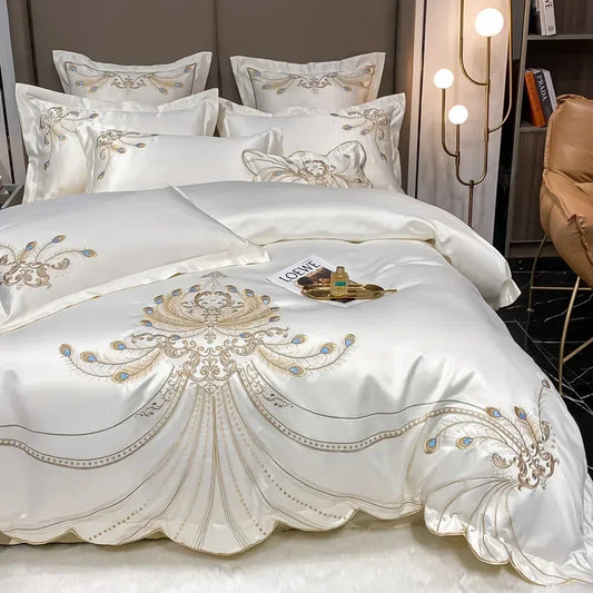 Luxury Gold Feather Embroidery 100 Egyptian Cotton Ethereal Symphony: The Cosmos-Inspired Satin Bedding Ensemble