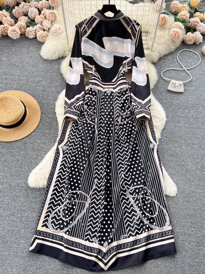 New 2024 Spring Autumn Fashion Chain Print Maxi Dress Women Shirt Collar Long Sleeve Single Breasted High Waist Robe Vestidos