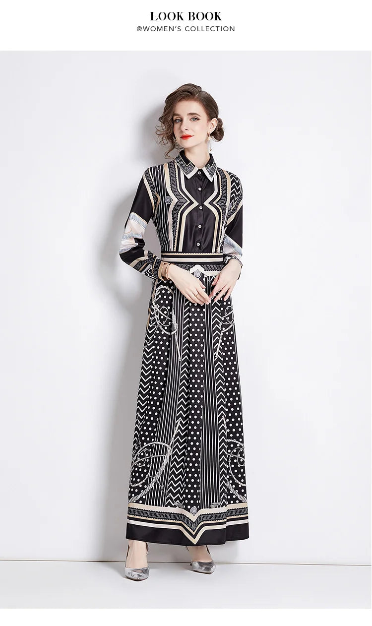 New 2024 Spring Autumn Fashion Chain Print Maxi Dress Women Shirt Collar Long Sleeve Single Breasted High Waist Robe Vestidos