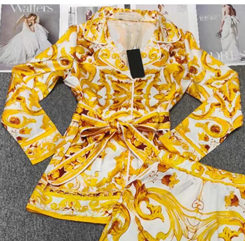 New spring and summer geometric printing lapel long-sleeved shirt+elastic waist wide-leg trousers casual two-piece women's suit